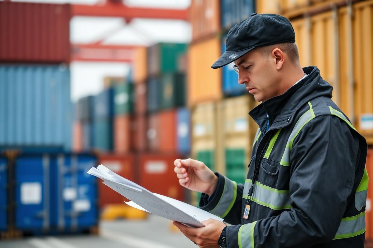 Customs professional reviewing shipping documents at a port