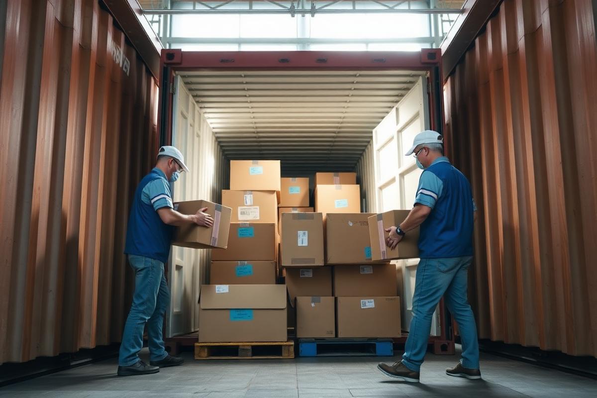 Workers unloading boxes from a shipping container