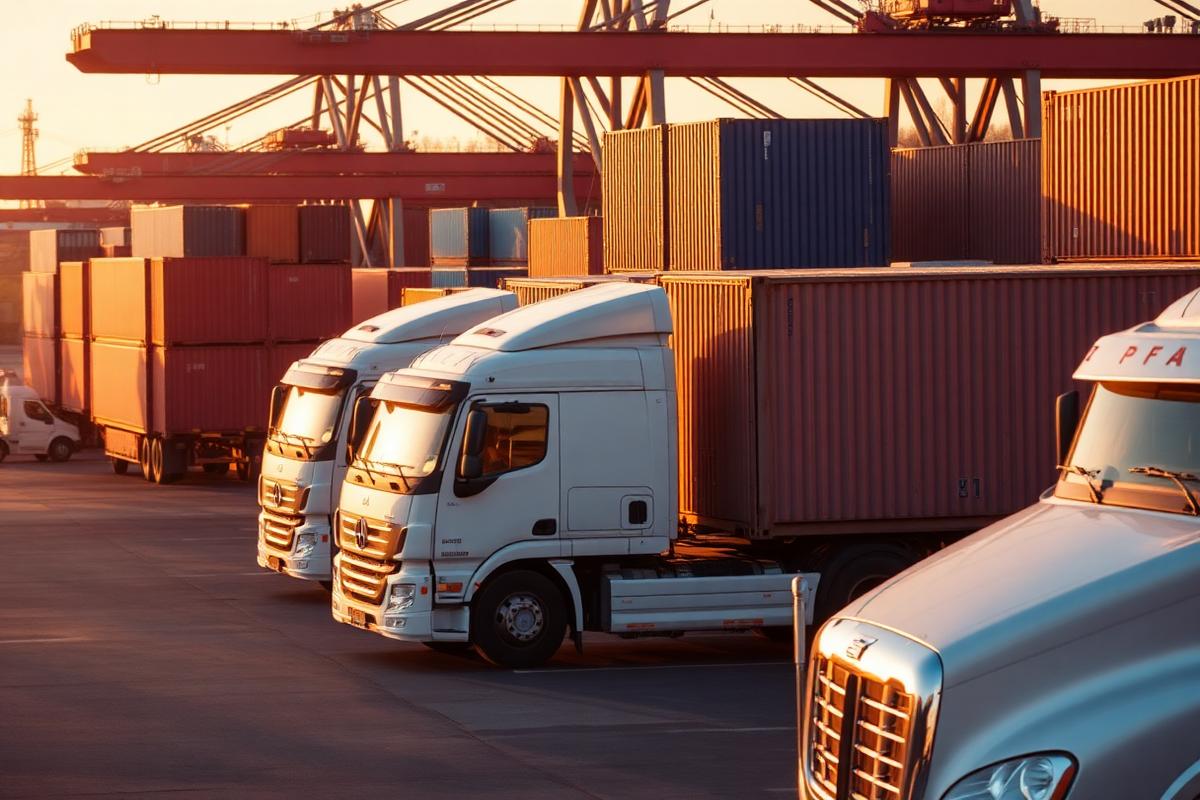 Freight trucks and shipping containers at a logistics terminal