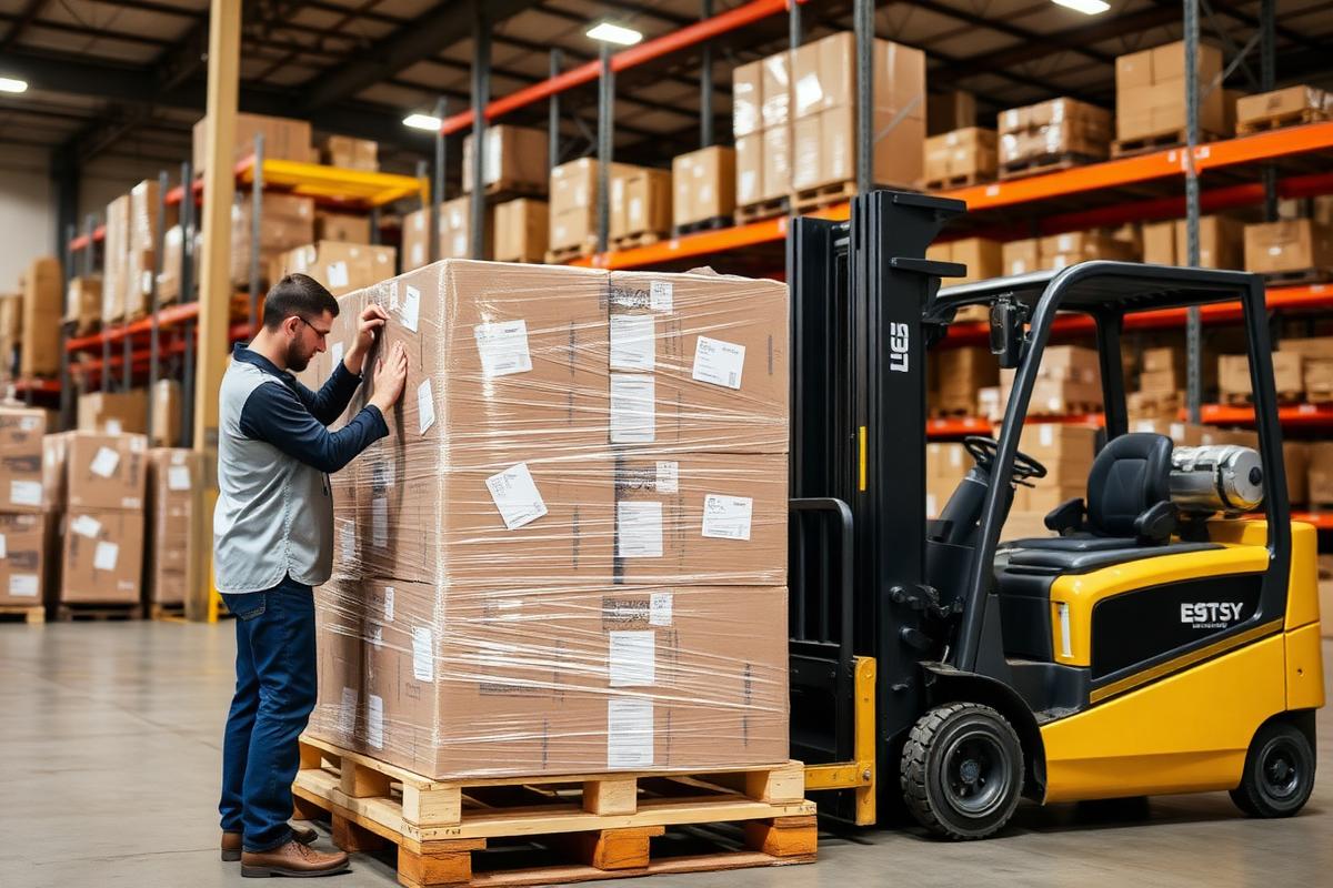 Staff labeling and wrapping an assembled pallet of boxes