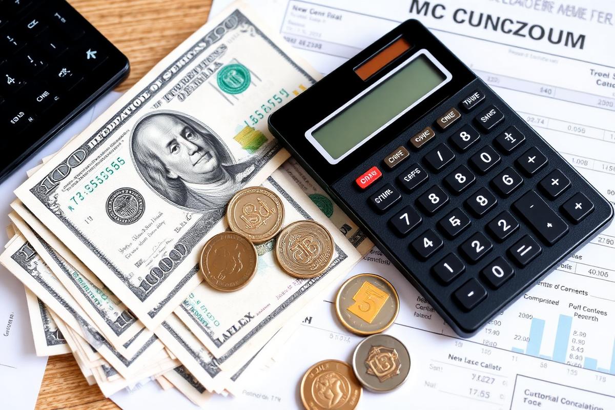 Currency, calculator and customs paperwork on a desk