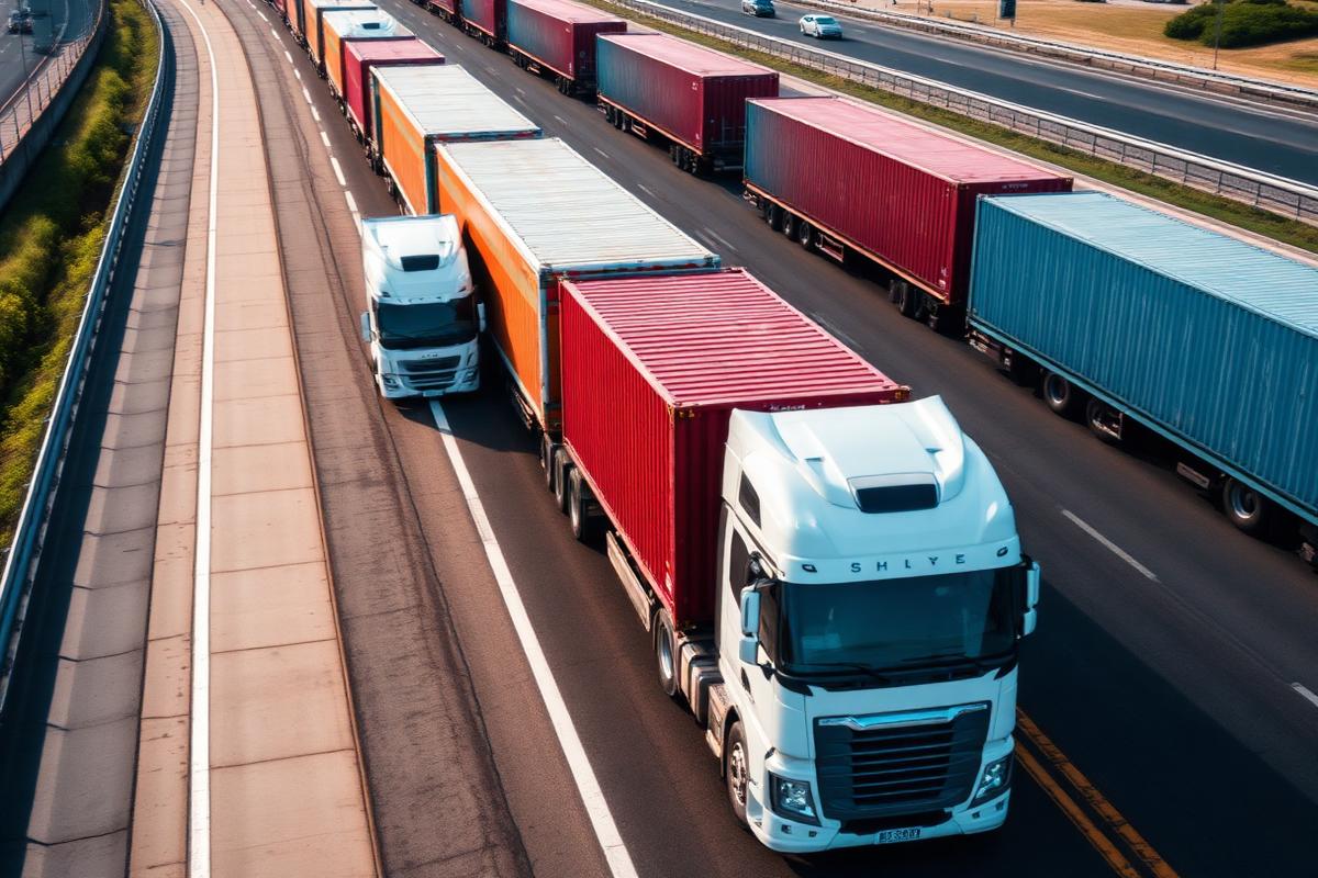 Line of container trucks travelling on a cross-border highway